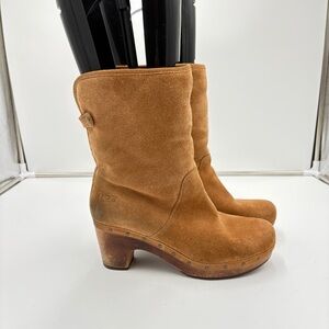 Ugg Lynnea Tan Suede Shearling Fold Down Cuff Wooden Heel Ankle Mid Calf Boot 9